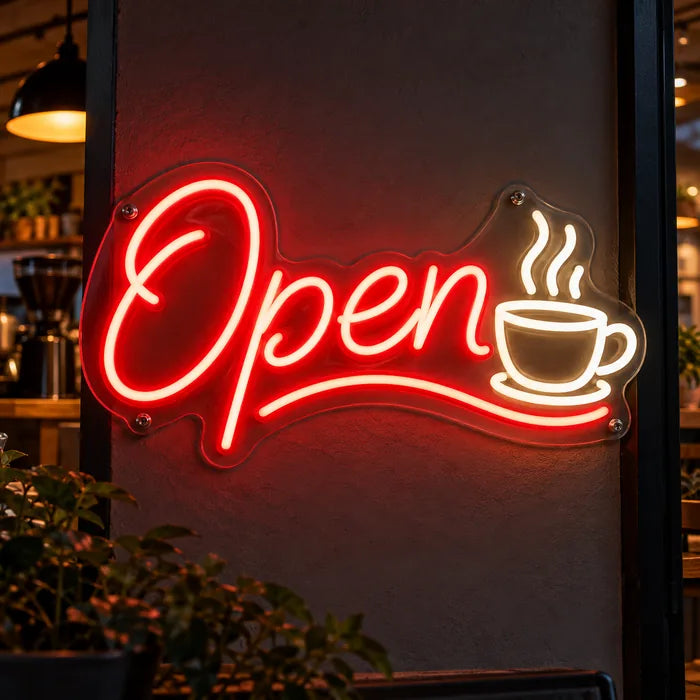 Neon LED Schild mit Schriftzug „Open“ und Kaffeetasse in Rot und Weiß im Café