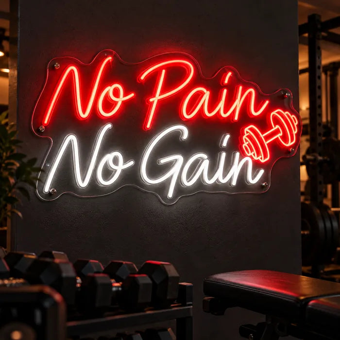 Neon LED Schild mit Schriftzug „No Pain No Gain“ und Hantel in Rot und Weiß im Home Gym