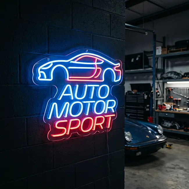 Neon LED Schild Auto Motor Sport – leuchtende Sportwagen-Silhouette in Blau und Rot in der Garage