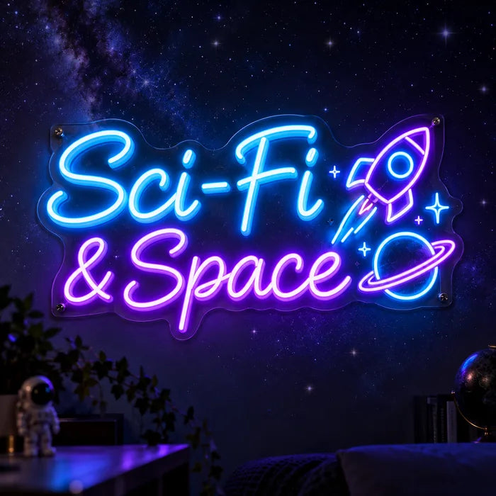 Neon LED Schild mit Schriftzug „Sci-Fi & Space“, Rakete und Planet in Blau und Lila vor Sternenhimmel