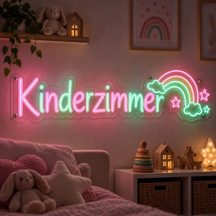 Neon LED Schild mit Schriftzug „Kinderzimmer“ und Regenbogen in Rosa und Mint im Kinderzimmer