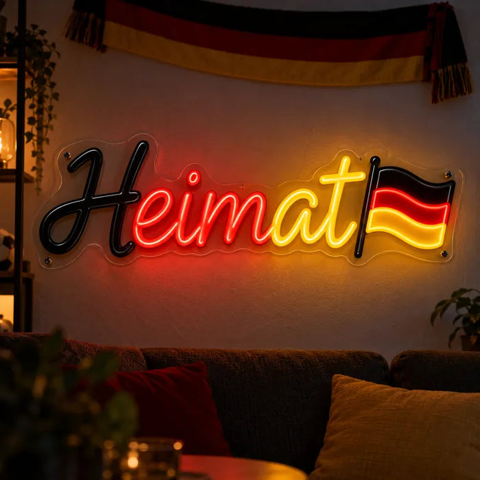 Neon LED Schild mit Schriftzug „Heimat“ und Deutschlandflagge in Schwarz, Rot und Gold im Wohnzimmer