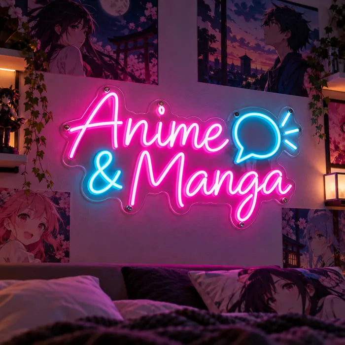 Neon LED Schild mit Schriftzug „Anime & Manga“ und Sprechblase in Pink und Cyan im Anime-Zimmer