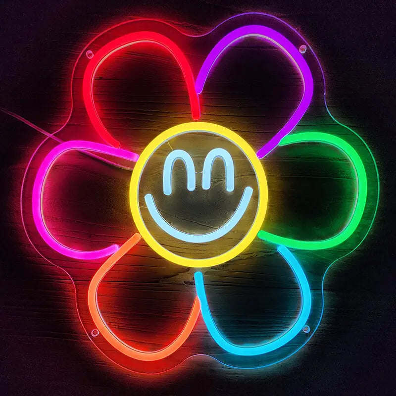 Smiley Blume Neonschild dimmbar 9 Stufen USB – handgefertigte Frühlings Deko