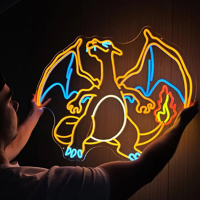 Pokémon Glurak Neon LED Schild – Acrylglas Detail leuchtendes Neon Nahaufnahme