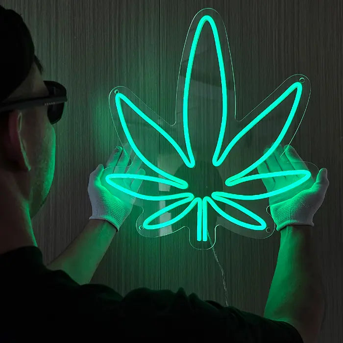 Hanfblatt Neon LED Schild – USB Leuchtschild | Statement Wanddeko