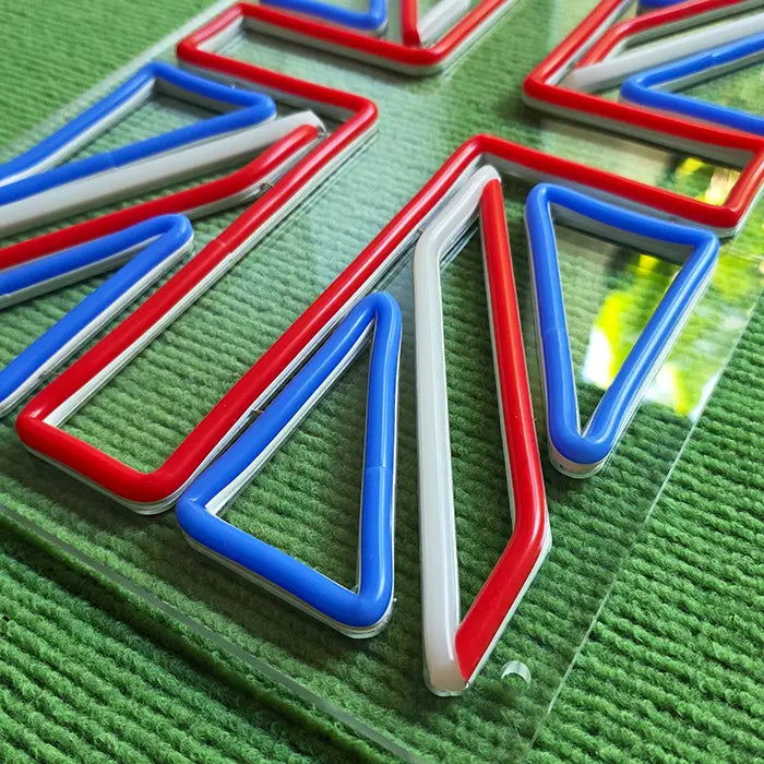 Union Jack Neon LED Schild – unbeleuchtete Nahaufnahme der Neonschläuche auf klarer Acrylplatte