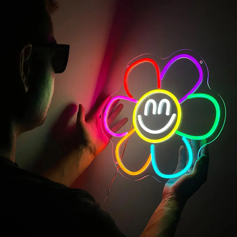 Smiley Blume Neon LED Schild USB – Happy Deko fürs Kinderzimmer