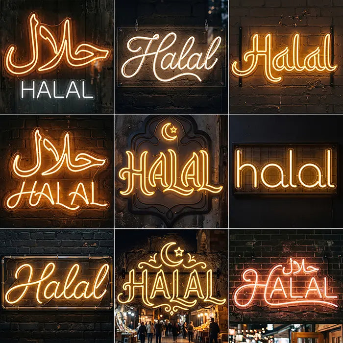 Halal Set Neon LED Schild Übersicht aller 9 Designs im Raster, arabische und lateinische Halal-Schriftzüge in Gold, Weiß und Rosé