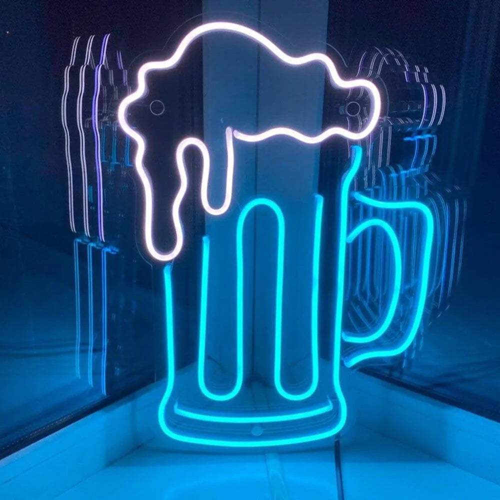 Blauer Bierkrug Neon LED Schild USB – Heimbar Wanddeko in kühlem Blau