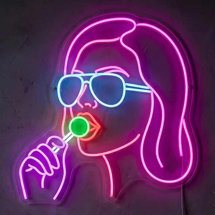 Girl mit Lollipop Neon LED Schild – Dimmbar mit Fernbedienung | Pop-Art Wanddeko