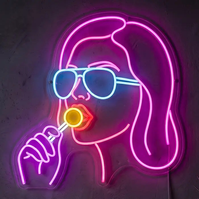Girl mit Lollipop Neon LED Schild – Dimmbar mit Fernbedienung | Pop-Art Wanddeko