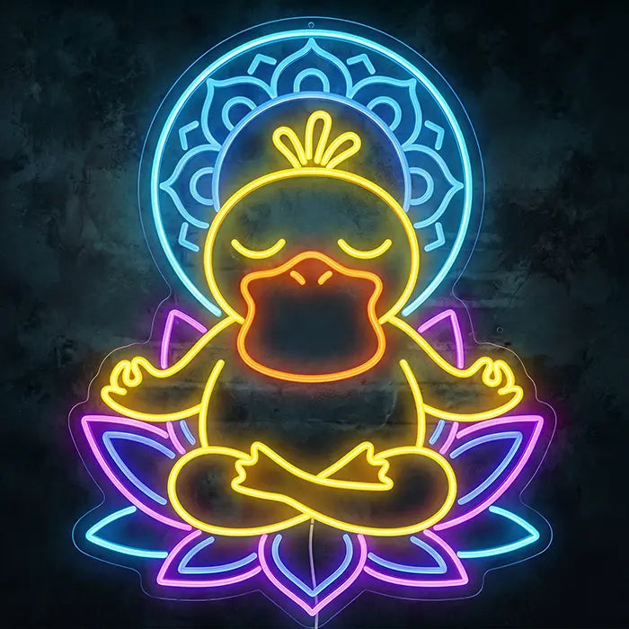 Pokémon Enton in Meditation Set Neon LED Schild, Design Erleuchteter Enton: Frontansicht an dunkler Wand, Enton auf Lotusblüte mit blauem Mandala-Heiligenschein