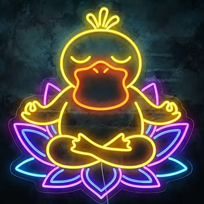 Pokémon Enton in Meditation Set Neon LED Schild, Design Buddha Enton: Frontansicht an dunkler Wand, Enton auf violett-blauer Lotusblüte
