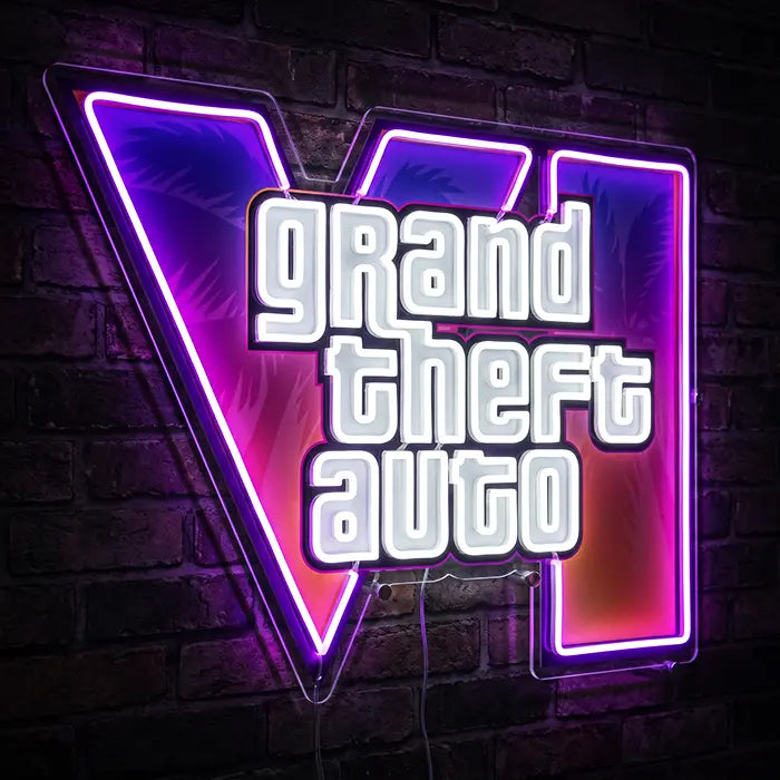 GTA VI Logo Neon LED Schild mit UV-Druck Nahaufnahme an einer Backsteinwand