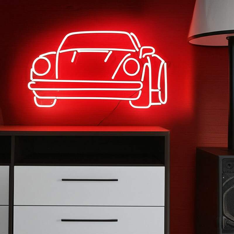 Roter Sportwagen Neon Sign – Wanddeko für Werkstatt und KFZ-Betrieb