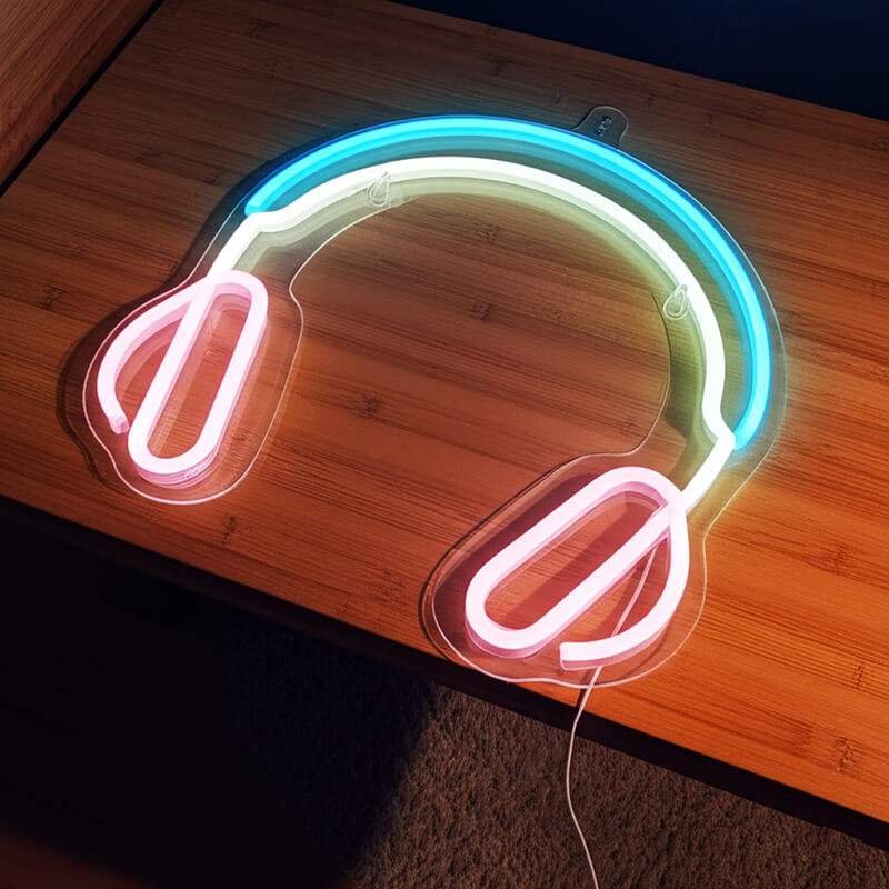 Kopfhörer Neon LED Schild handgefertigt – Musikschule und Übungsraum Wanddeko