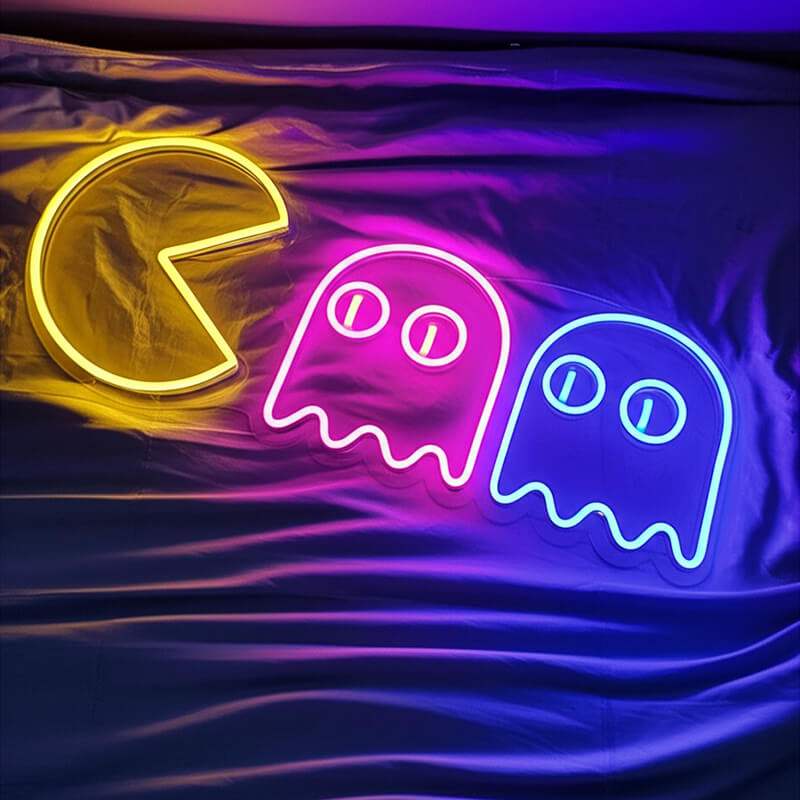 Retro Ghosts Neonschild dimmbar 9 Stufen USB – handgefertigte Pacman Geister Deko