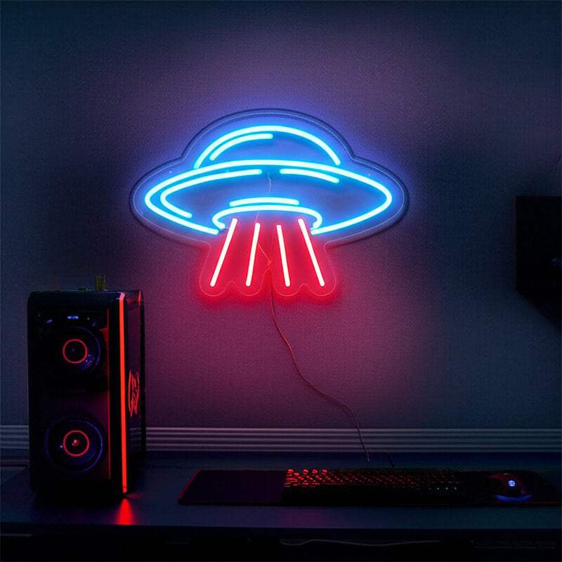 Neon UFO LED Schild 6mm Acrylplatte – fliegende Untertasse als Wanddeko