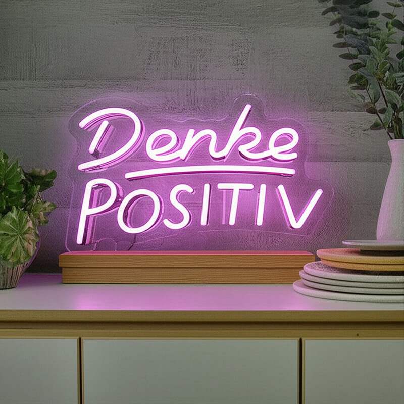 Denke Positiv LED Schild beleuchtet – tägliche Inspiration als USB-Leuchtschild