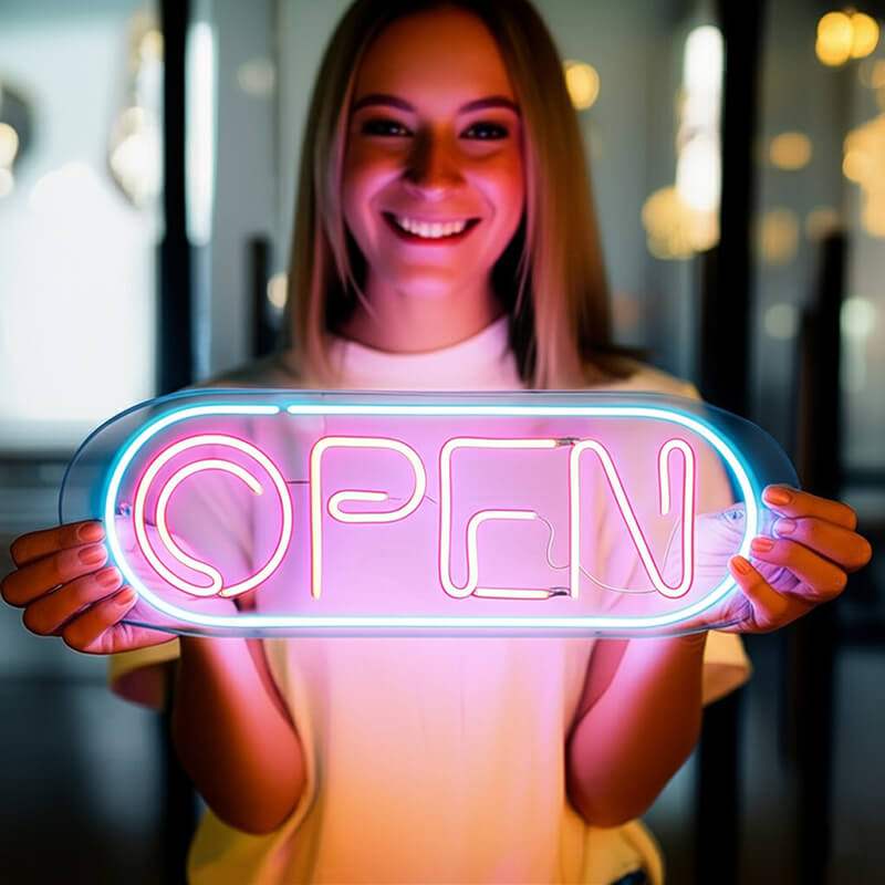 Open Cyberpunk LED Leuchtschild beleuchtet – Wanddeko für Gaming Bar