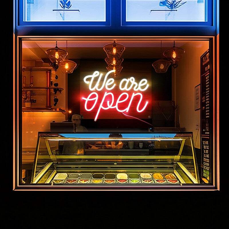 We Are Open Neon Sign – Wanddeko für Hotel-Rezeption und Empfang