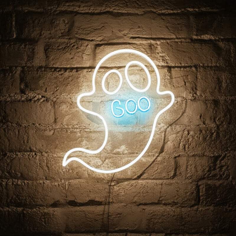 Geist Neon LED Schild – Boo Edition als gruselig-süße Wanddeko für Halloween-Partys
