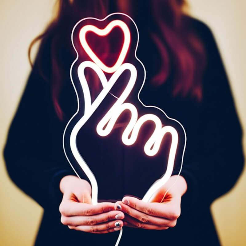 Herzzeichen Neon LED Schild beleuchtet – Hand Herz Symbol Wohnzimmer Deko