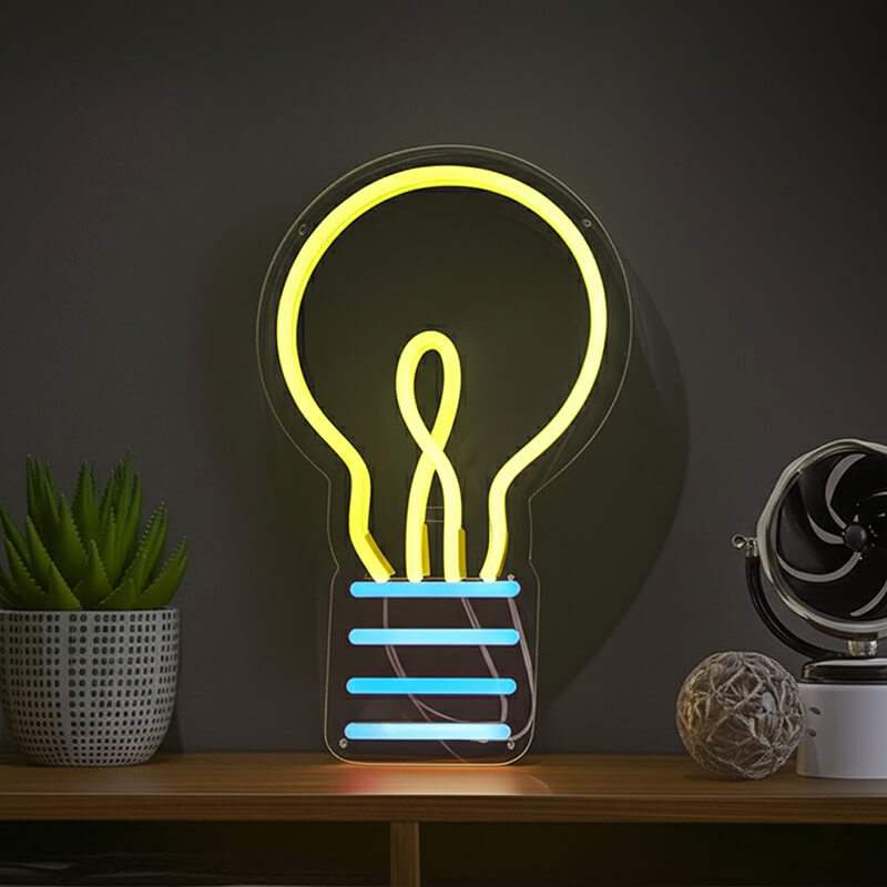 Glühbirne Neon LED Schild auf 6mm Acrylplatte – Schreibtisch Deko Idee