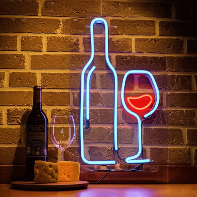 Weinglas mit Flasche Neonschild dimmbar 9 Stufen USB – handgefertigte Wein Deko