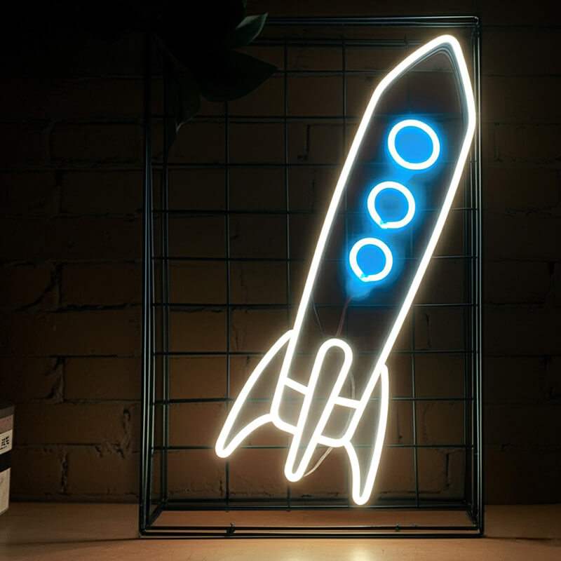Weltraum Rakete Neonschild dimmbar 9 Stufen USB – handgefertigte Space Deko