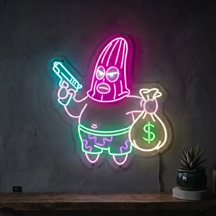 Patrick Gangster Neon LED Schild – Patrick Star als Gangster mit Pistole und Geldsack