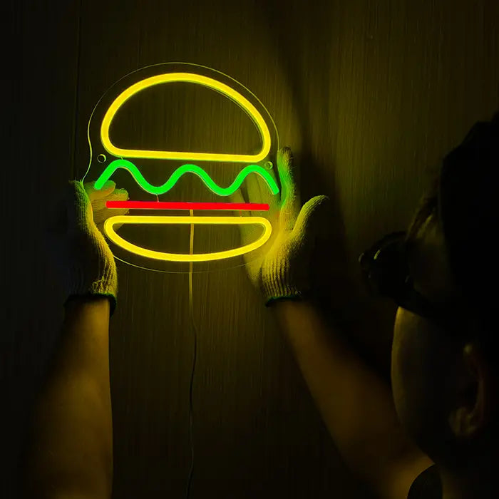 Mini Burger Neon LED Schild – USB, dimmbar | Burger Imbiss Schild