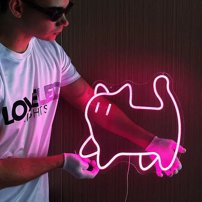 Pinke Katze Neon LED Schild – USB Leuchtschild | Kawaii Wanddeko