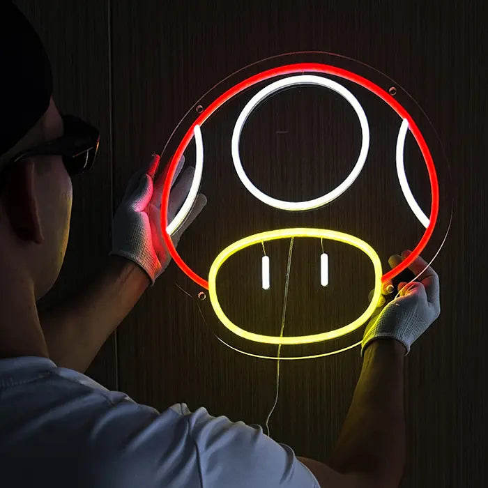 Super-Pilz Neon LED Schild – USB Leuchtschild | Mario Gaming Wanddeko