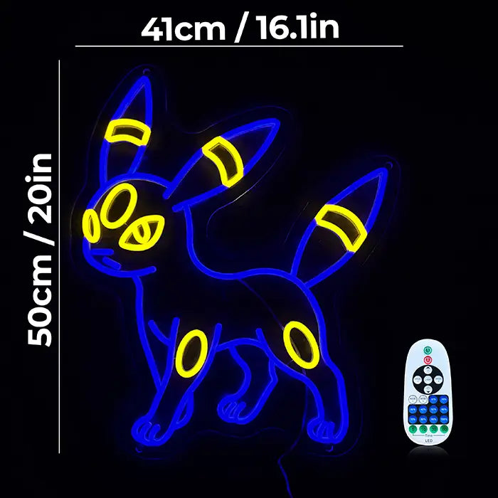 Pokémon Nachtara Neon LED Schild mit Maßangaben 41 cm und 50 cm, daneben die Dimmer-Fernbedienung