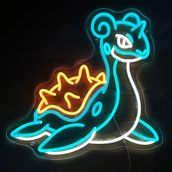Pokémon Lapras Neon LED Schild frontal leuchtend, langer Hals, Flossen und gezackter Panzer