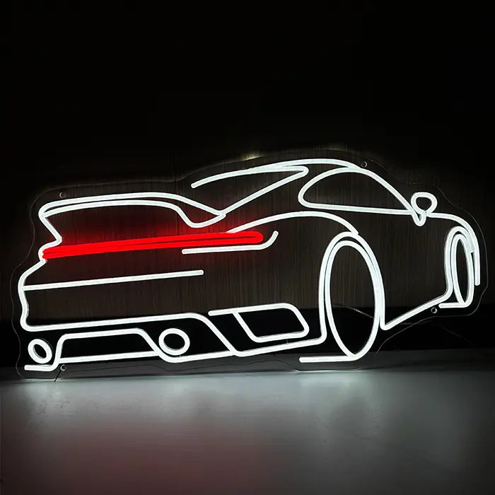 GT-Sportwagen Neon LED Schild frontal vor dunkler Wand, weiße Heckansicht mit rotem Leuchtband