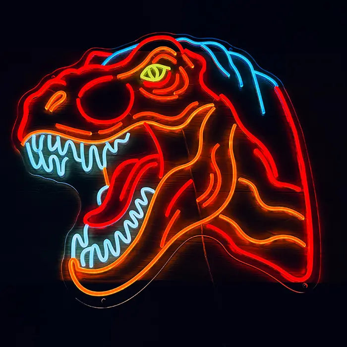 T-Rex Dino Neon LED Schild frontal leuchtend, blauer Rückenkamm über dem aufgerissenen Maul