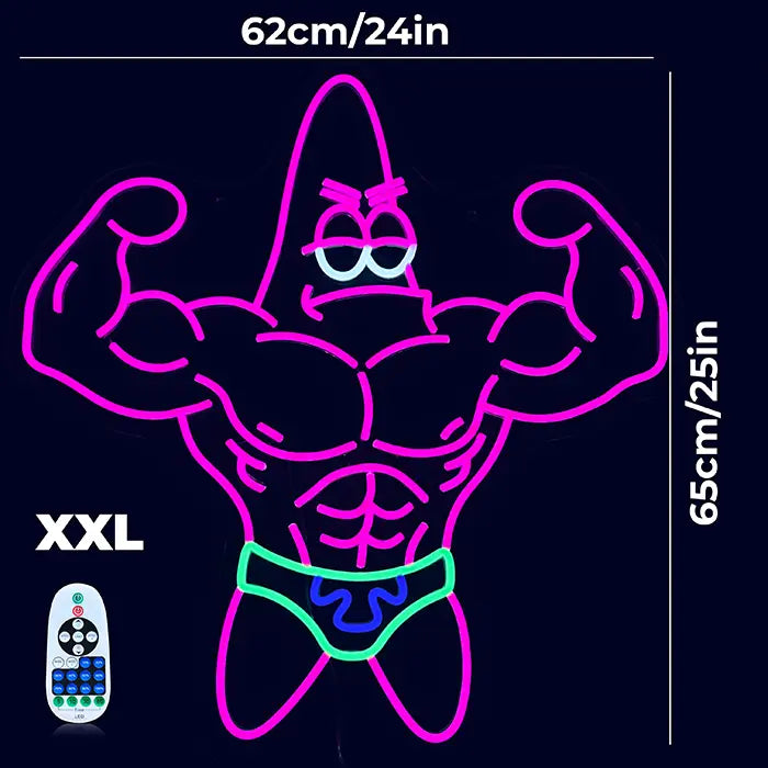 Patrick Bodybuilder Neon LED Schild mit Maßangaben 62 cm und 65 cm in XXL, daneben die Fernbedienung