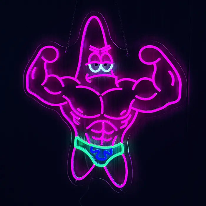 Patrick Bodybuilder Neon LED Schild frontal leuchtend, gespannte Oberarme und Sixpack in Rosa