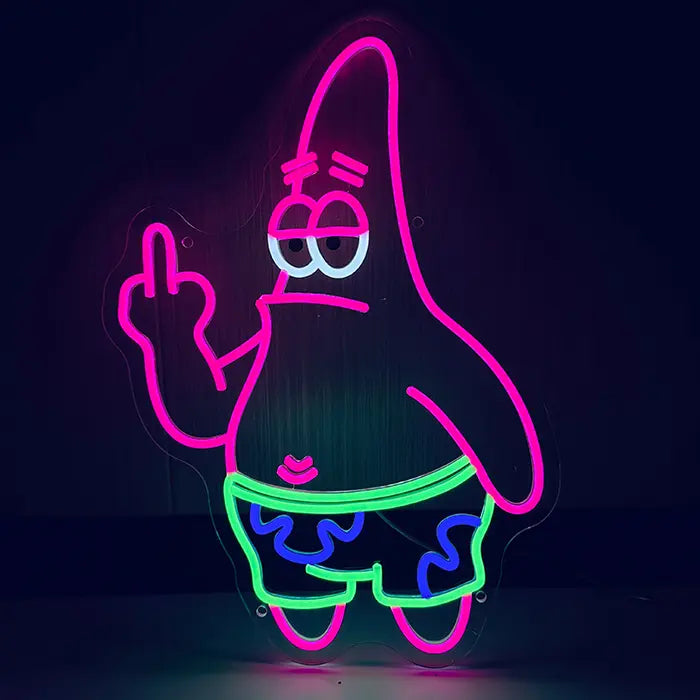 Patrick Mittelfinger Neon LED Schild frontal an dunkler Wand, rosa Patrick Star zeigt den Mittelfinger