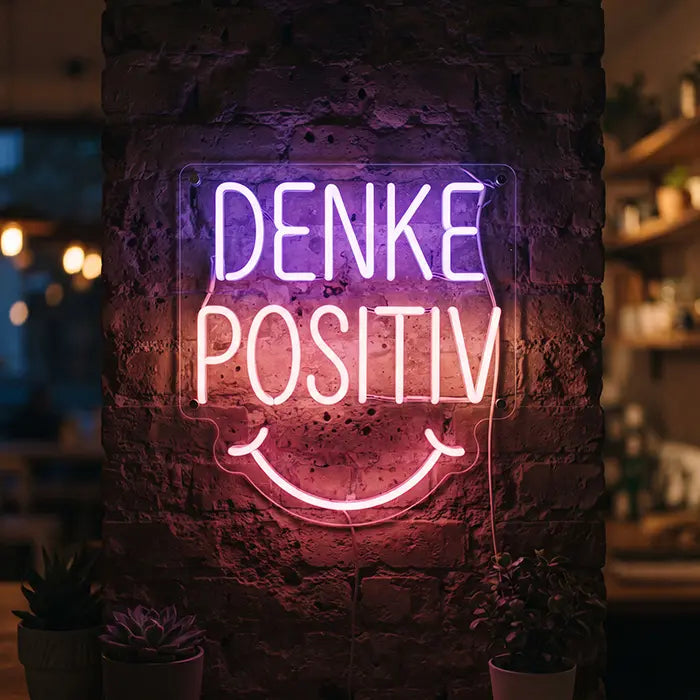 Denke Positiv Neon LED Schild an einer Backsteinsäule im Café, daneben Regale mit Pflanzen und Flaschen