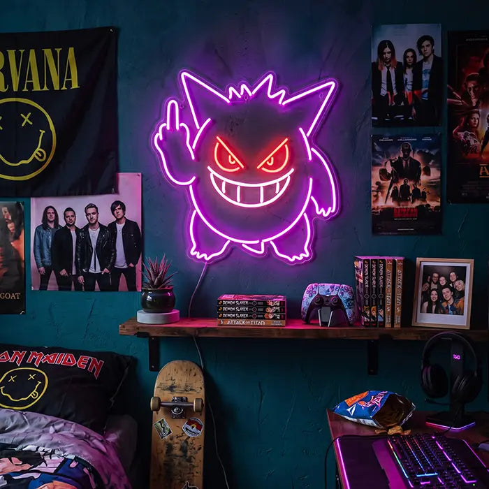 Gengar Mittelfinger Neon Pokémon LED Schild – USB Leuchtschild | Gamer Wanddeko