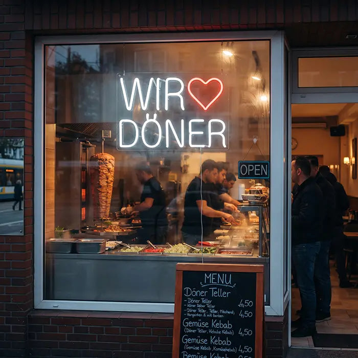 Wir lieben Döner Neon LED Schild im Schaufenster eines Dönerladens, dahinter Dönerspieß und Personal