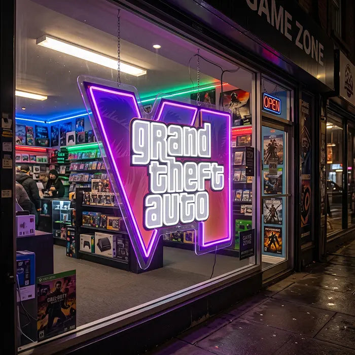 GTA VI Logo Neon LED Schild mit UV-Druck im Schaufenster eines Game-Shops bei Nacht