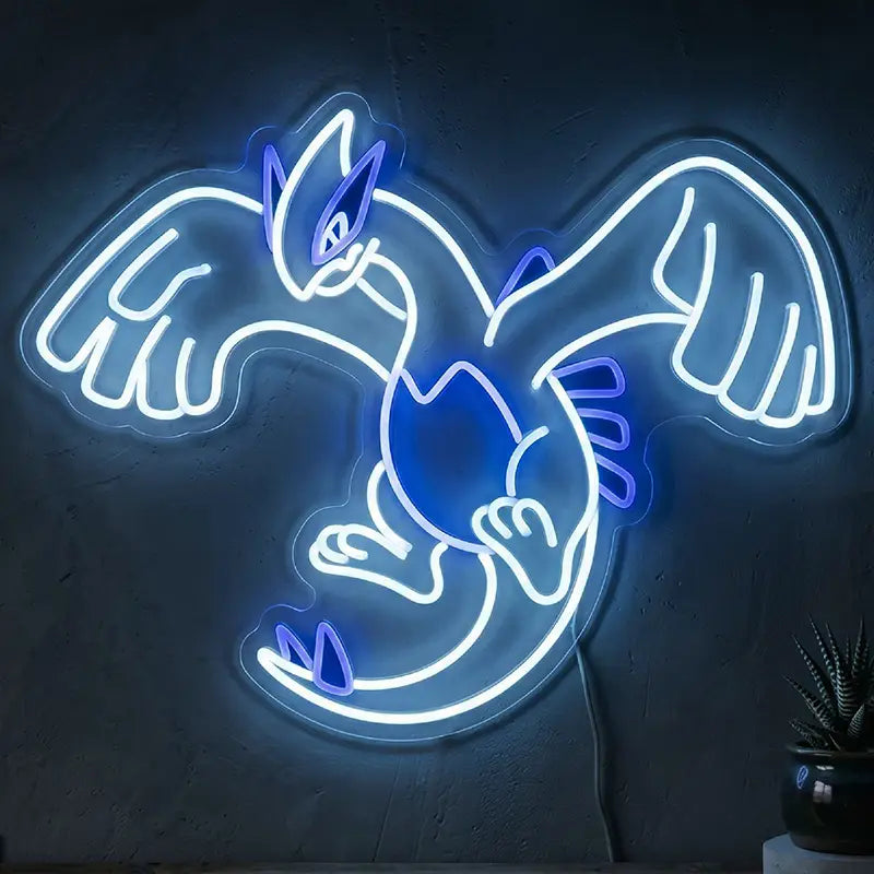 Lugia Pokémon Neon LED Schild 12V – Legendäres Pokémon Wanddeko Silber-Blau