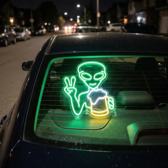 Alien mit Bier Neon LED Schild – Dimmbar, USB oder 12V | Party & Bar Deko