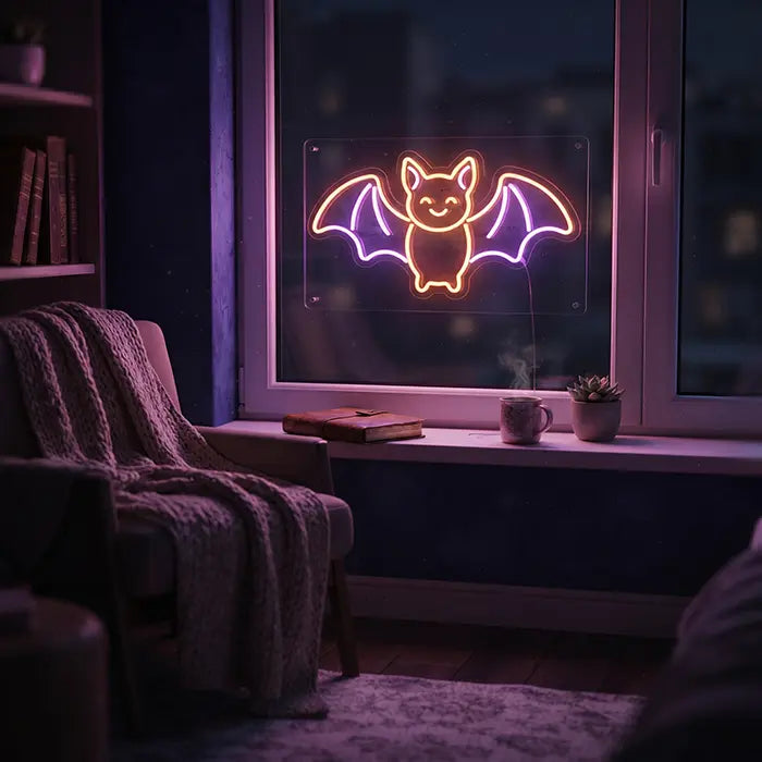 Happy Fledermaus Neon LED Schild – USB, dimmbar | Halloween Gothic Deko