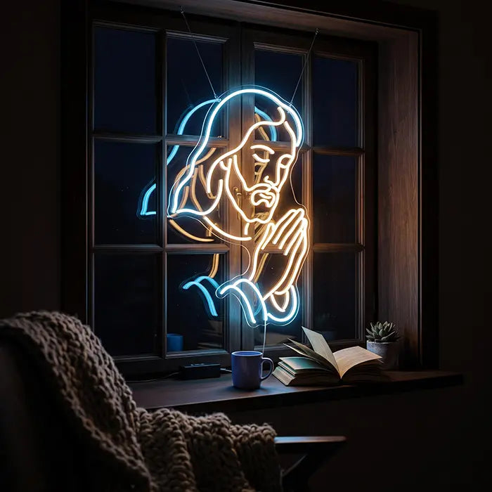 Bete mit Jesus Neon LED Schild – Dimmbar mit Fernbedienung | Christliche Wanddeko